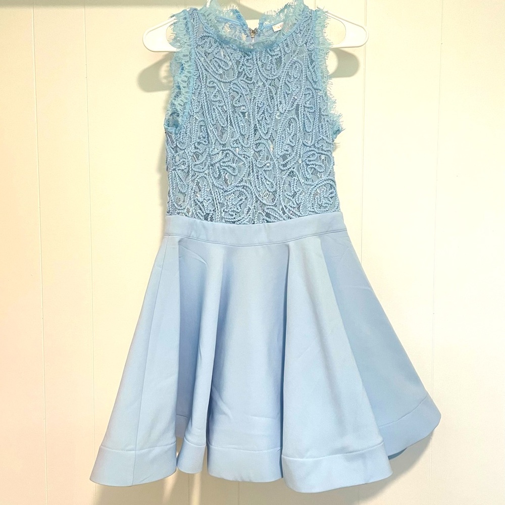 Boutique Baby Sky Blue Sheer Lace High Neck Flared Twirl Formal Dress